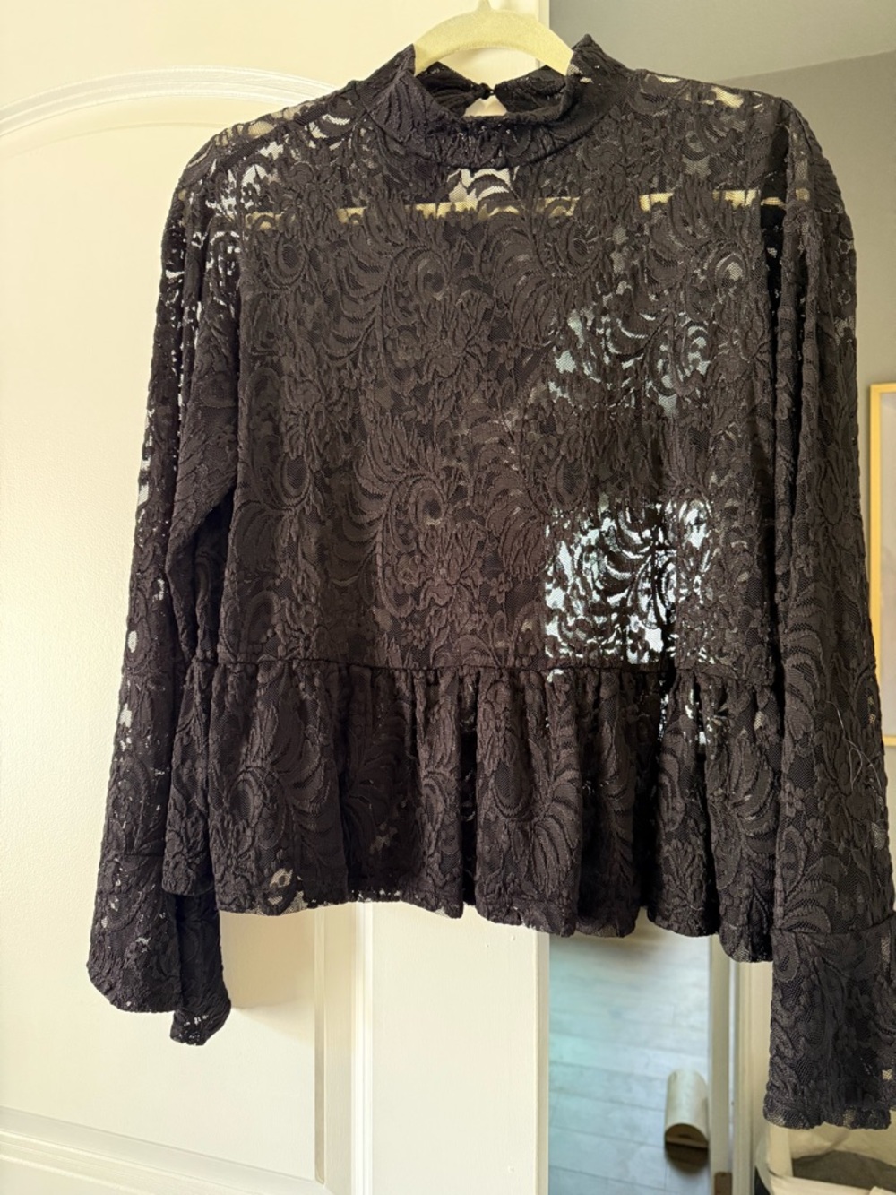 Sanctuary Black Lace Peplum Blouse with High Neck